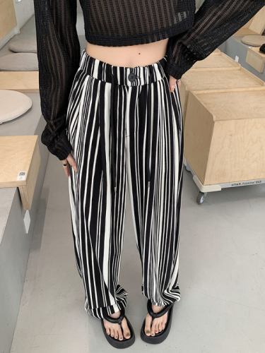 Ice silk wide-leg trousers for women's summer thin style new high-waisted loose black and white striped casual floor-length trousers