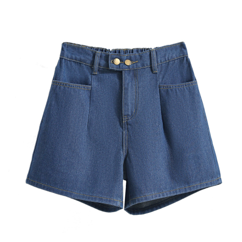 Actual shot of new summer large size A-line wide-leg denim shorts for fat girls, slimming, simple elastic waist, Korean style casual hot pants