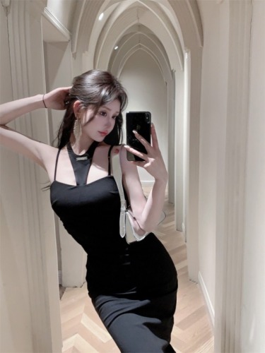 Actual shot~ Dark design slim fit suspender long backless pure lust slim casual solid color dress