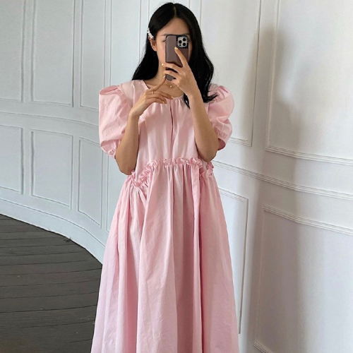 2024 Korean chic summer Dongdaemun new niche simple solid color loose long dress with lace for women