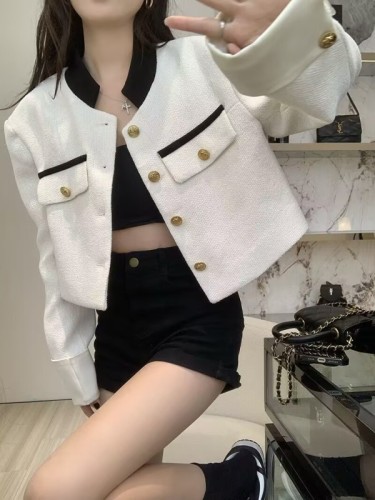 Xiaoxiangfeng jacket women's autumn new high-end braided short contrast color stand-up collar loose long-sleeved top