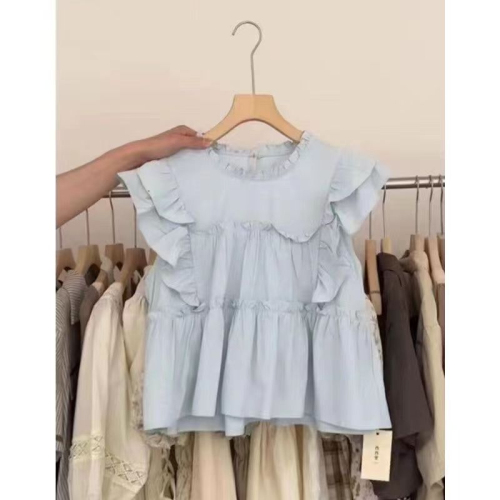 Official Photo 2024 French Sweet Blue Ruffle Sleeve Slim and Chic Babydoll Short Top