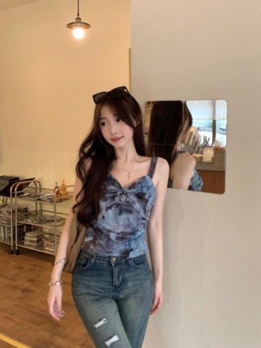Real shot~ Sweet and cool hot girl style smudged small suspender three-dimensional decoration summer slimming mesh top for women with western style
