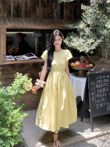Actual shot of new summer Korean style round neck flying sleeve strap mid-length dress with waist rope