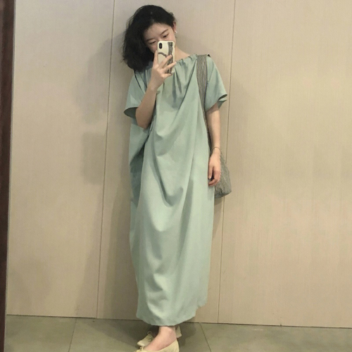 2024 spring and summer new style women's high-end coffee break French loose belly-covering slim casual green dress summer