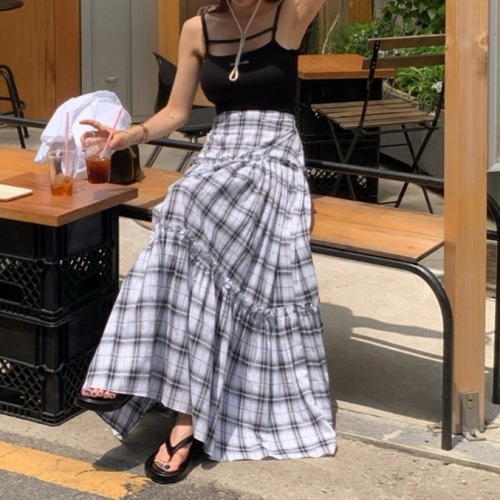 24INS Summer retro plaid high-waisted a-line cake skirt