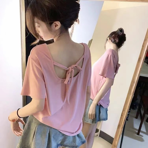 Pure cotton irregular temperament back bow design short-sleeved top T-shirt summer