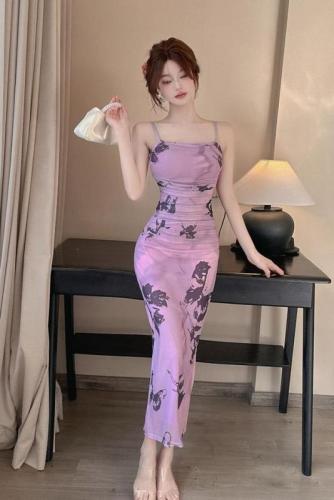 Real shot of tie-dye purple suspender dress for women in summer slim-fitting mesh slit skirt hot girl hip-hugging fishtail long skirt