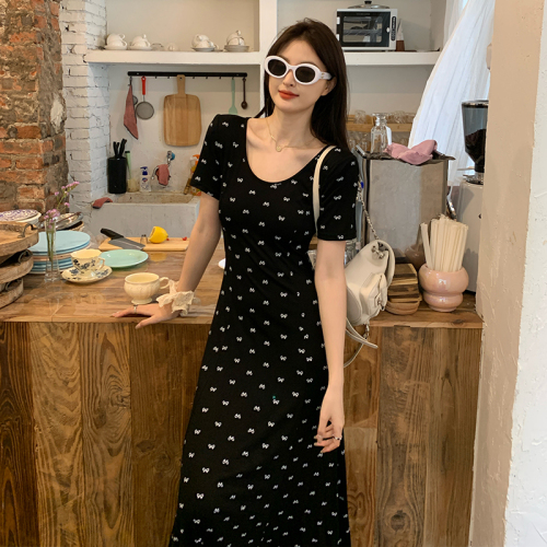 French retro contrasting color bow print slimming short-sleeved U-neck backless dress for women summer age-reducing long dress