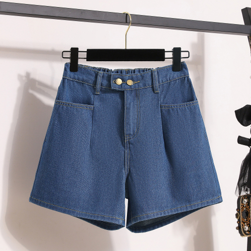 Actual shot of new summer large size A-line wide-leg denim shorts for fat girls, slimming, simple elastic waist, Korean style casual hot pants