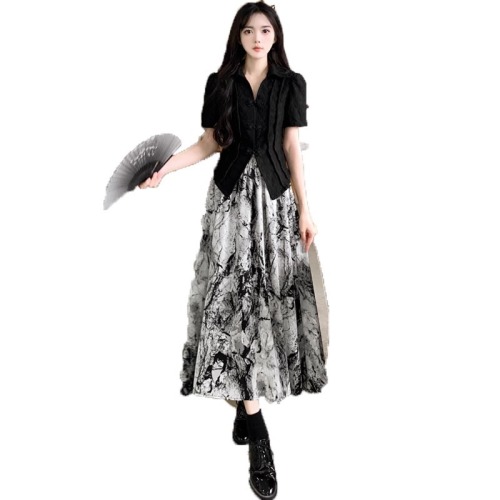 New Chinese style national style niche suit short-sleeved shirt women's summer ink skirt design two-piece set