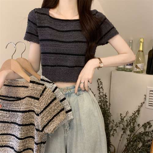 Real shot Summer new retro contrasting striped plush square collar knitted versatile temperament short top for women