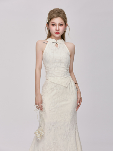 Xiao P Clothes Station New Chinese Temperament Suit Skirt Women's 2024 New Summer Vest High Waist Cover Hip Long Skirt Two-piece Set