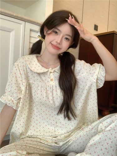 Real shot of Korean version of sweet, fresh and cute cherry doll collar summer outer short-sleeved trousers home clothes set