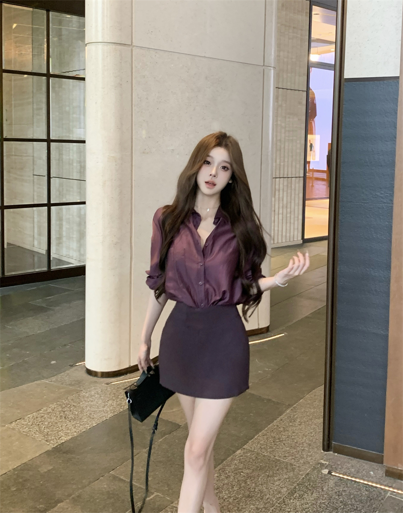 高級感純欲長袖POLO領氣質寬鬆襯衫女夏季新款性感高腰半身裙套裝
