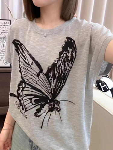 灰色蝴蝶图案短袖T恤女2024夏季新款休闲宽松洋气冰丝针织上衣潮
