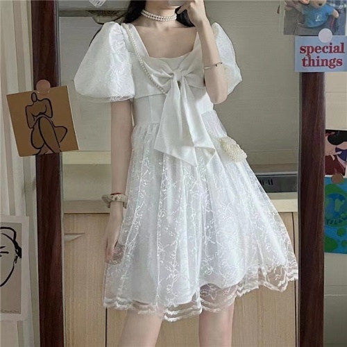 Summer 2024 new sweet French mesh patchwork waist slimming bow square neck short-sleeved dress for women