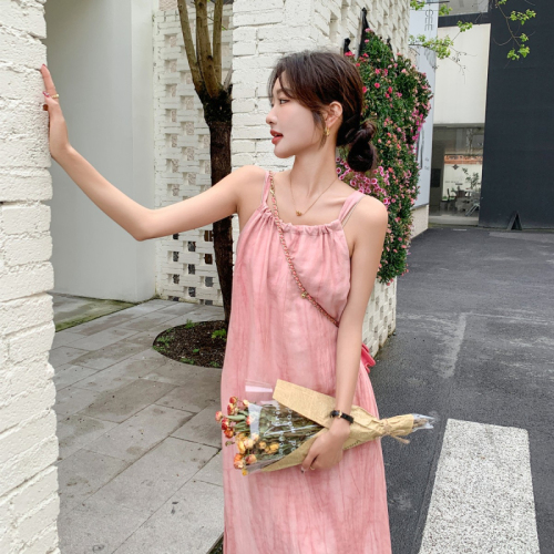 Pink suspender long skirt women's summer new seaside vacation beach dress halter neck design niche skirt