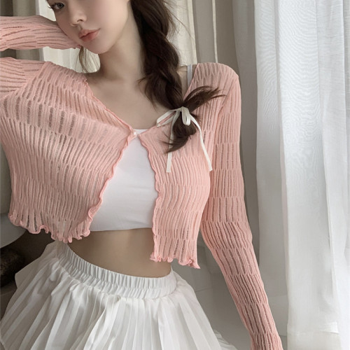 Gentle fungus V-neck long-sleeved knitted cardigan for women 2024 summer short thin loose loose hollow sun protection top