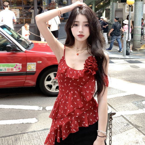 Complete three standards ~ 2024 summer new style two-color irregular floral hot girl streamer ruffled suspender top