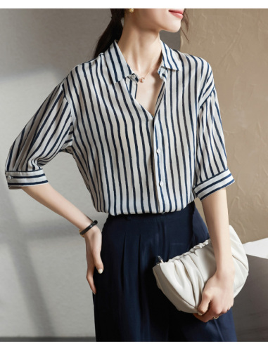 Contrast striped silk shirt summer high-end fashion commuting loose versatile outer wear shirt chiffon top for women