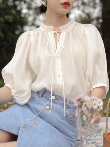 French puff sleeve lace-up stand collar short-sleeved shirt for women summer baby blue retro chic quarter-sleeved chiffon shirt thin