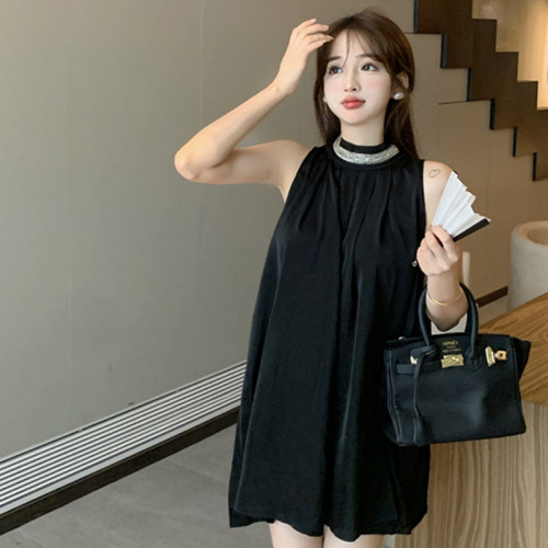 Official photo Halterneck top dress women's summer skirt petite loose a-line off-shoulder temperament skirt