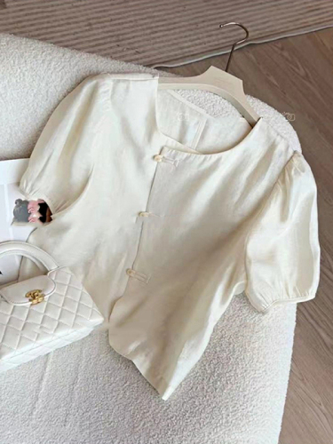 新中式国风泡泡袖粉色短袖衬衫盘扣上衣高级感洋气别致绝美小衫