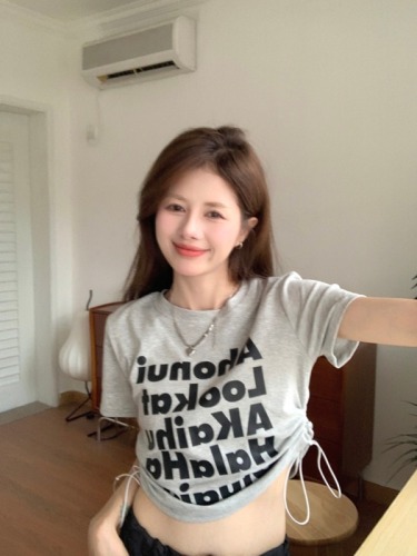 实拍~2024夏季韩版新款字母印花抽绳修身甜酷辣妹短款短袖T恤