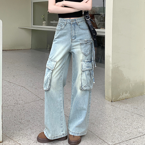 Real shot of American wide-leg jeans for women 2024 new design small workwear high-waisted loose straight pants