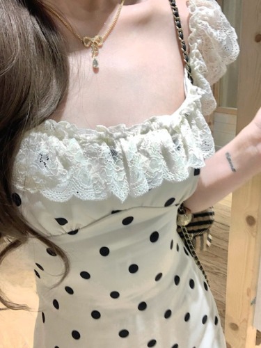 Real shot of polka-dot suspender dress for women, round neck, backless patchwork, waist slimming skirt