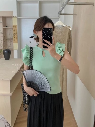 新中式国风设计感小众盘扣飞飞袖针织衫夏季新款女装短袖T恤上衣
