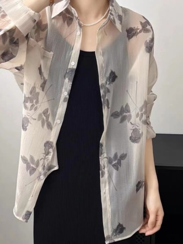 Floral sunscreen shirt for women summer new loose and breathable national style long-sleeved shirt thin mid-length jacket