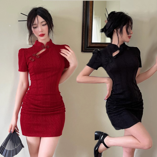 New Chinese style national style retro gentle improved cheongsam summer high-end slim fit and hip-hugging pure sex sexy dress