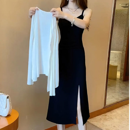 Summer new suit for women 2024 Internet celebrity fashion casual slit suspender dress + sun protection cardigan two-piece set