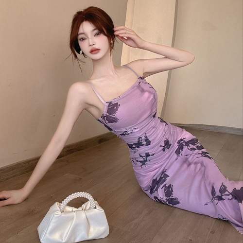 Real shot of tie-dye purple suspender dress for women in summer slim-fitting mesh slit skirt hot girl hip-hugging fishtail long skirt