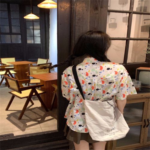 韩版Polo领印花休闲衬衫女夏季2024新款减龄宽松百搭小众短袖上衣