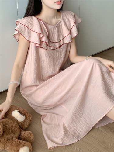 Actual shot of Korean style small fresh loose sweet ruffled light and comfortable outer wear home wear pajama dress