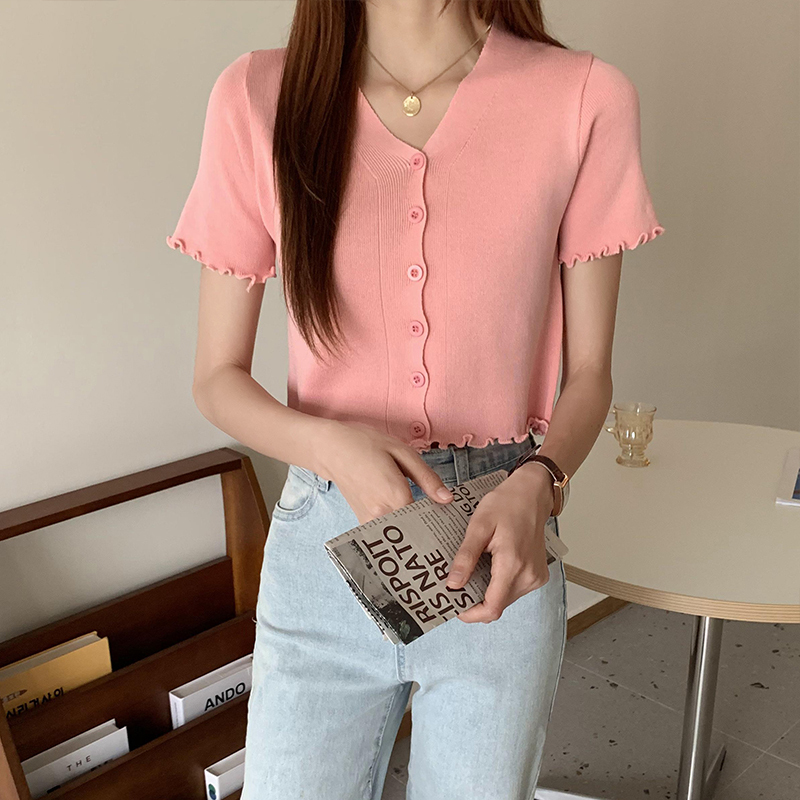 Actual shot and real price ~ Summer new Korean style V-neck knitted cardigan short-sleeved lace thin outer top for women