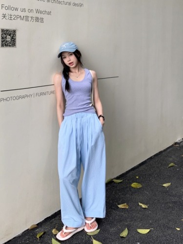 Real shot of elastic waist striped casual pants, thin style, lazy style, loose and slim, wide-legged long pants