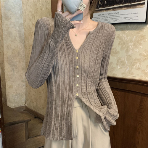 Slit V-neck sweater for women 2024 spring new Korean style long-sleeved slim bottoming shirt design niche top