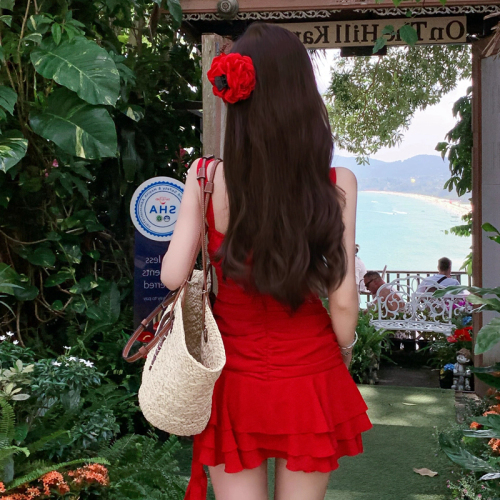 American Sweet Hot Girl Pure Desire Red Dress Female Spring and Summer Small Sexy Resort Style Suspender Cake Skirt