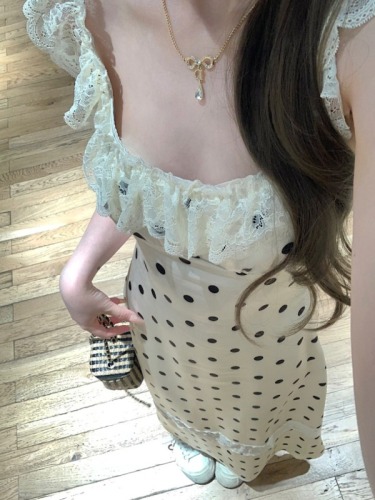 Real shot of polka-dot suspender dress for women, round neck, backless patchwork, waist slimming skirt