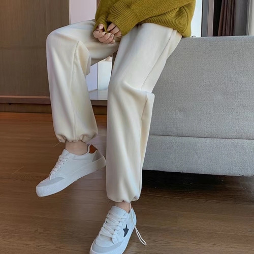 Corrugated drawstring chenille wide-leg pants for women in fall and winter high-waisted straight-leg casual sweatpants