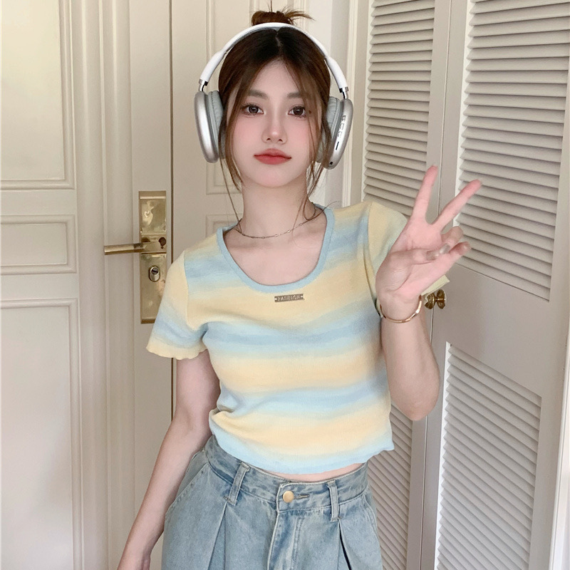 Contrast color striped u-neck short casual personalized street knitted top 2-piece set