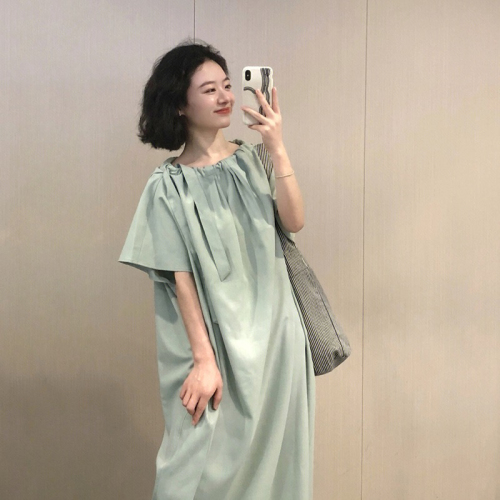 2024 spring and summer new style women's high-end coffee break French loose belly-covering slim casual green dress summer