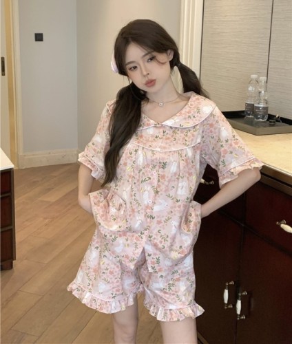 Real shot of Korean version of sweet and fresh cartoon doll collar summer short-sleeved shorts outer wear home clothes set