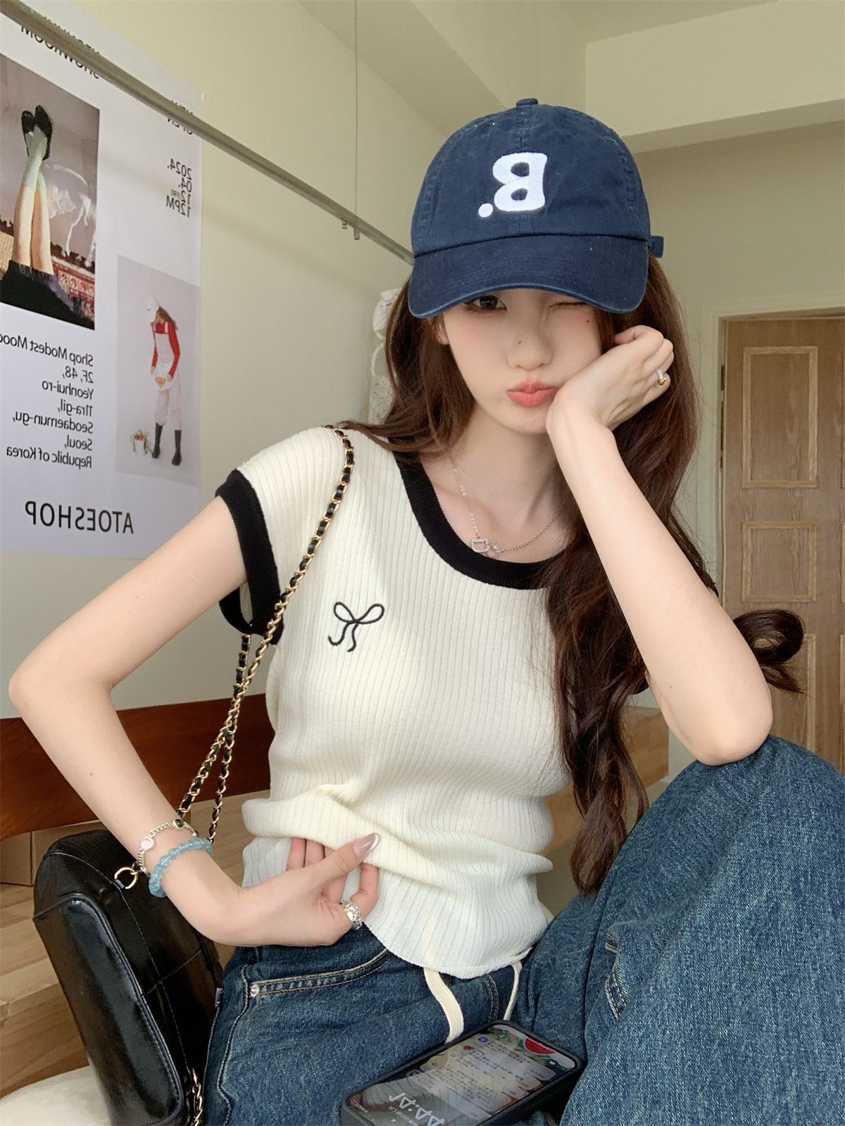 實拍 夏季韓版修身撞色氣質蝴蝶結繡花百搭針織短袖上衣女