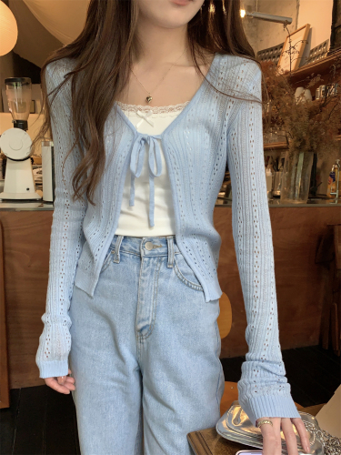 Photographed Summer Korean Version BM Tapered Elegant V-Neck Belted Open Knit Top for Women, Holes, Sun Protection, Outerwear