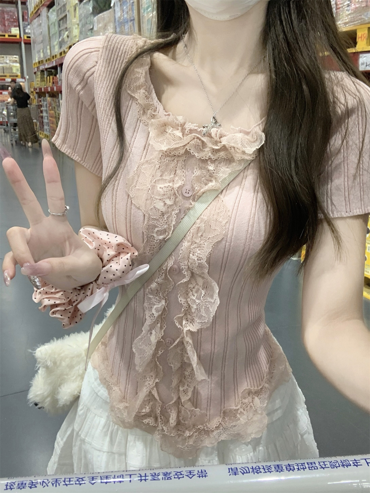 Real shot of summer Korean style slim-fit pure lust lace splicing sweet design knitted short-sleeved top for women